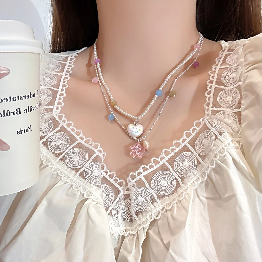 

DUTRIEUX Heart Shaped Flower Pearl Double Layer Pendants Necklace Niche Design Choker Grunge Aesthetic Y2K Girl Jewelry Gifs