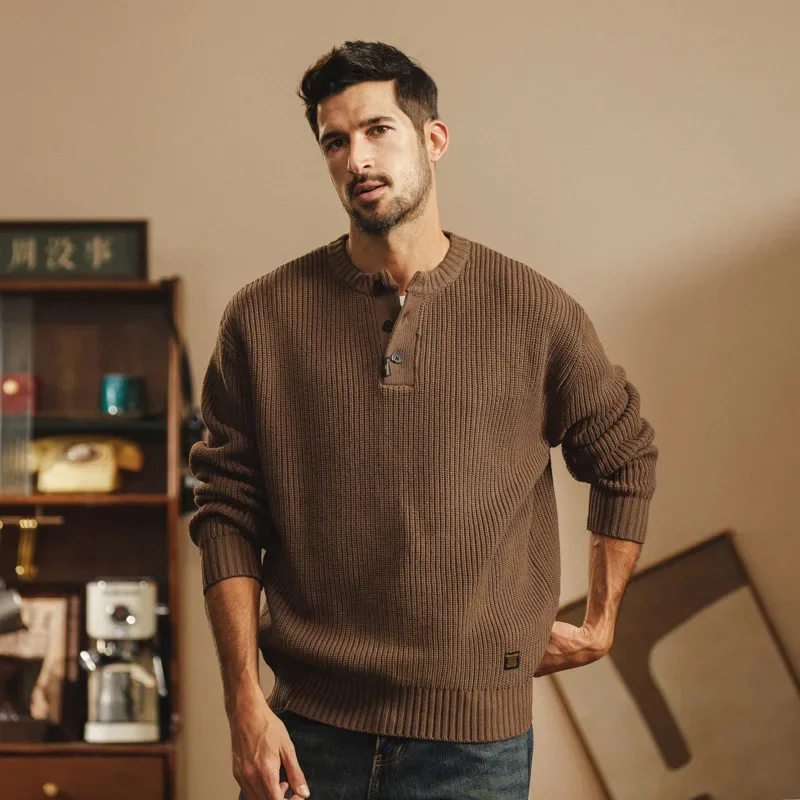 メンズヴィンテージニットヘビーセーター,高品質のアメリカンセーター,ゆったりとしたクルーネック,カジュアルブランド,ハーフカーディガン