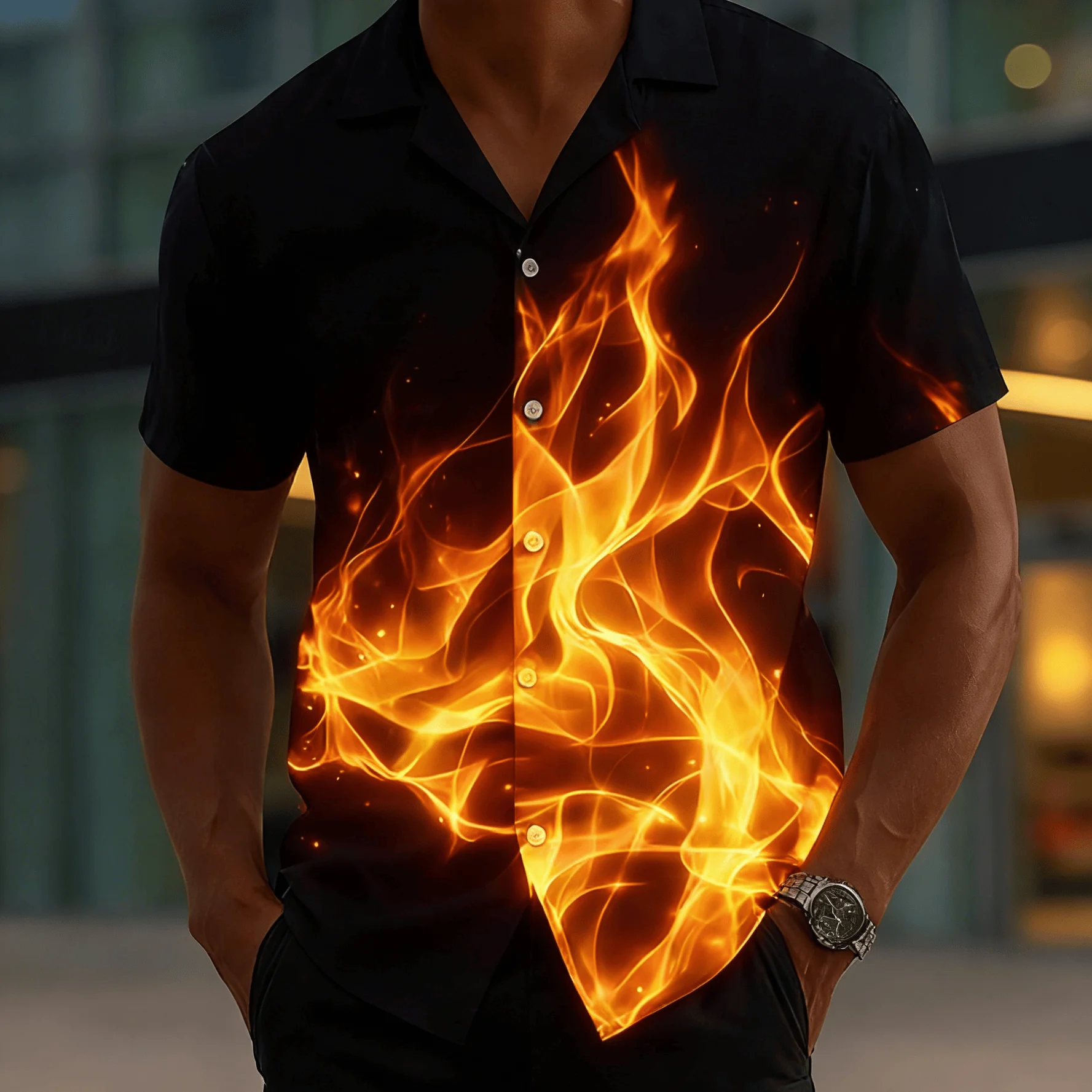 Men's Black Background Gradient Print Short Sleeve Shirt, Spring Summer Cyberpunk Blouse, Loose Casual Top
