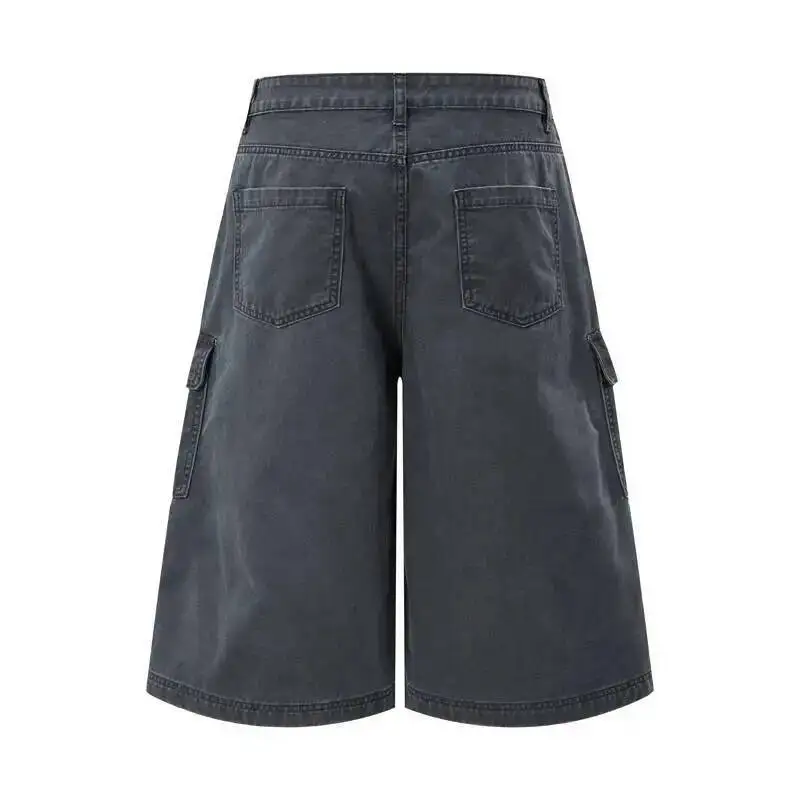 American Retro Distressed Men's Shorts Multipocket Washed Pleated Design Casual Loose Wide Leg Cropped Cargo Pants 7R1X