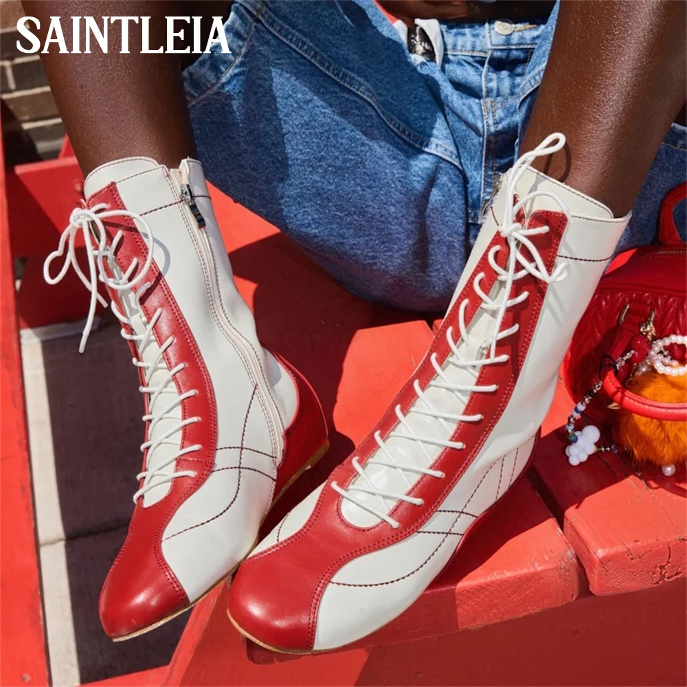 

Sporty Flat Booties Contrast Stitching Lace-Up Ankle Boots Round Toe Chunky Pattern Handmade Boots Sneaker Ankle Boots for Women