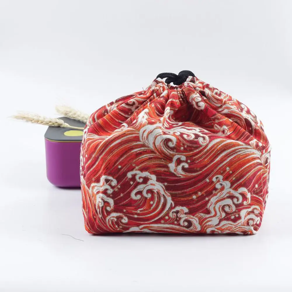 Travel Outdoor Cotton linen Picnic Bags Geometric Lunch Tote Pouch Japanese Style Lunch Box Drawstring Lunch Bag Food Hand Bags