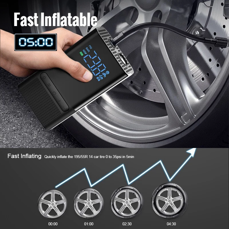 

Rechargeable Car Air Compressor Inflator Pump Lcd Display LED Lamp For Tire Inflatable Wireless Electric Power Bank