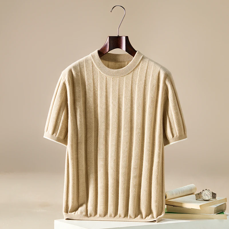 A-Class 100% Pure Cashmere Knitted Sweater For Men Crew Neck Pullover Short Sleeved Fashion Vest Autumn Winter New T-Shirt
