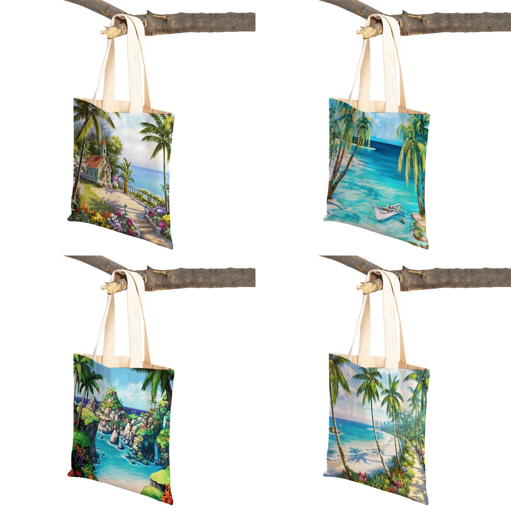 Country Coconut Tree Beautiful Scenery Women Casual Shopping Bag Cartoon Beach Reusable Foldable Canvas Lady Tote Handbag