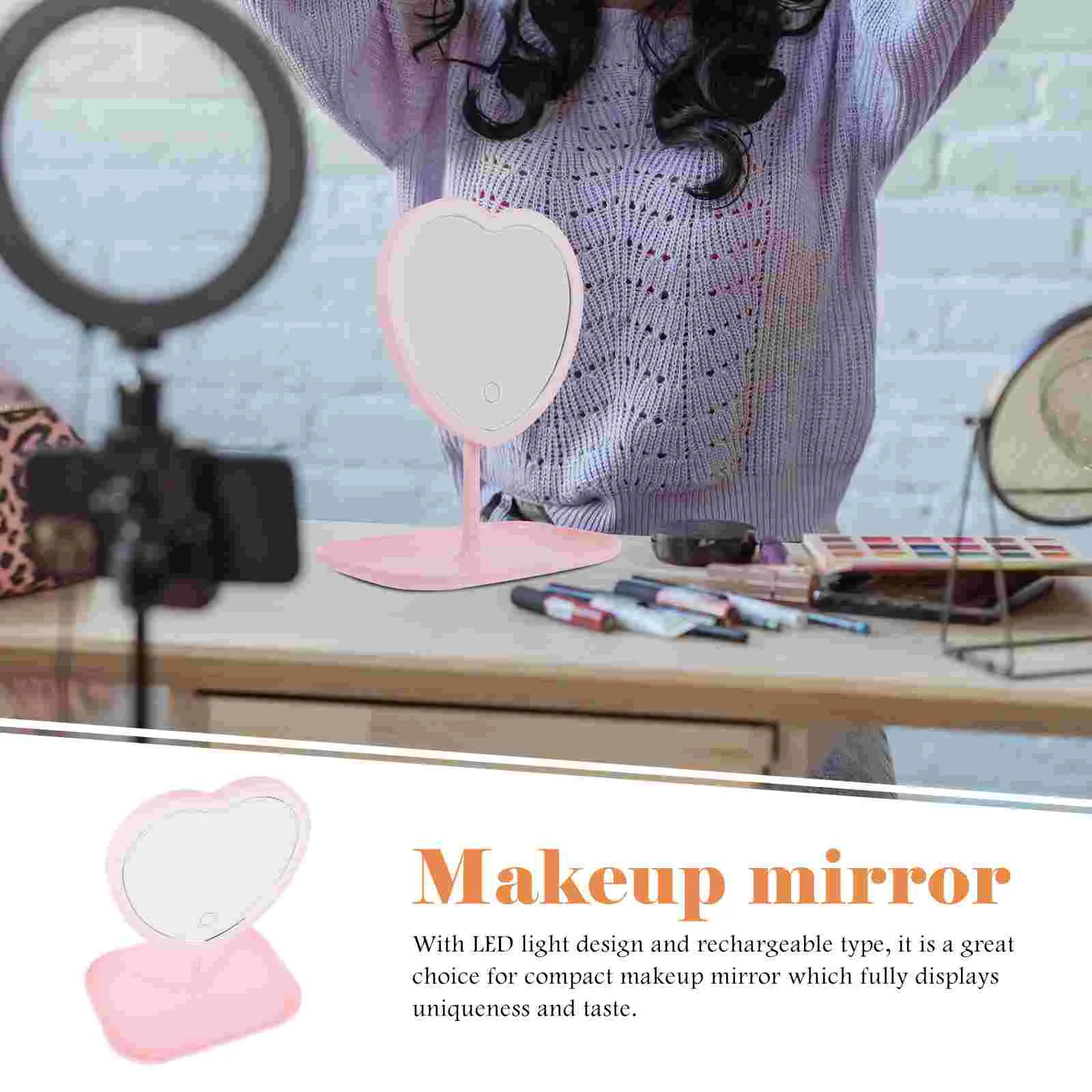 Desktop Love Mirror Beauty Makeup USB Rechargeable LED Light (love Pink) Heart Plastic Table Mirrors