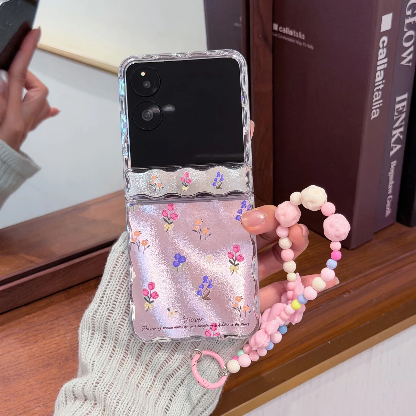 

Back Cover For Xiaomi Mix Flip Case Glitter Pink Purple Flower Bracelet Wristband Chain Shockproof Phone Case