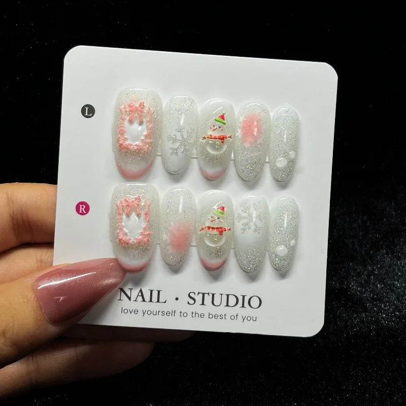 

10PCS Christmas Handmade Press on Nails Glitter Sequin 3D Snowman Decor Medium Oval False Nail Sweet Pink Bow Snowflake Manicure