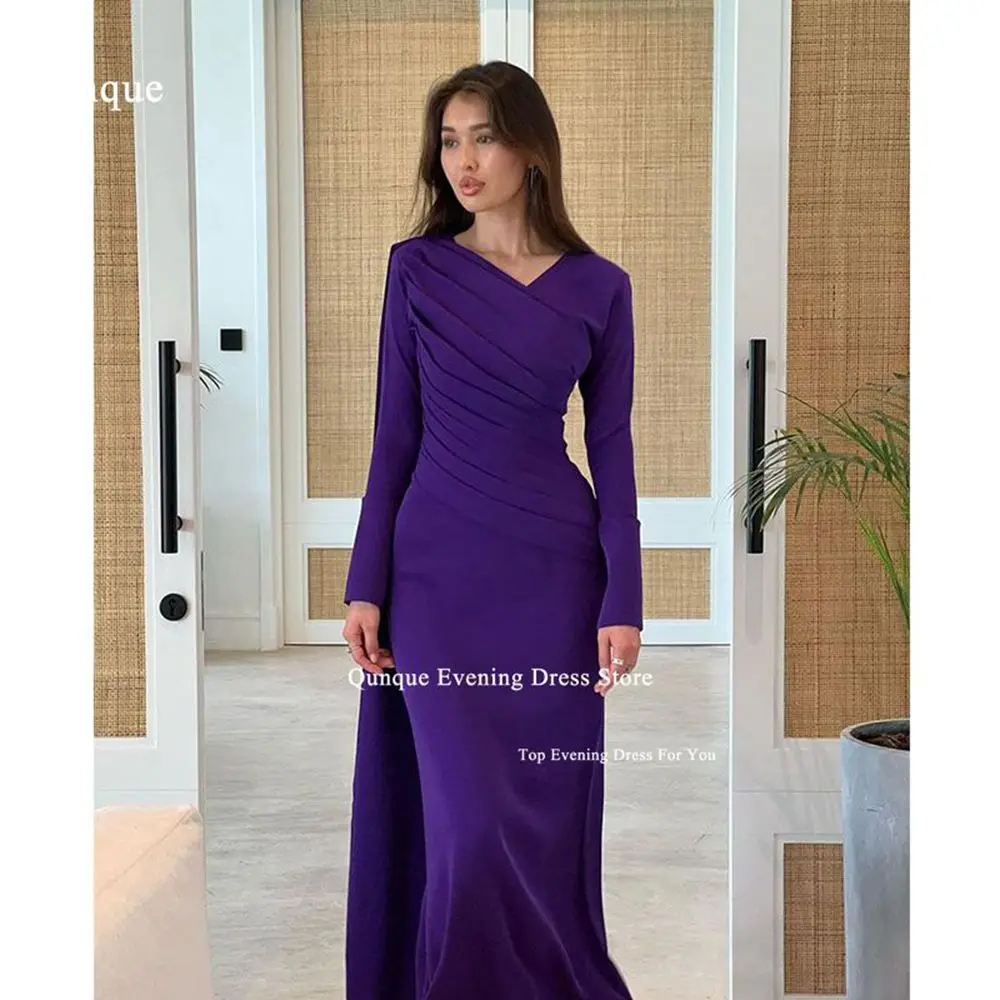 

Qunque Customized Purple Formal Evening Dress Robes De Soirée Long Sleeves Saudi Arabia Party Dress Pleat Mermaid Prom Gowns