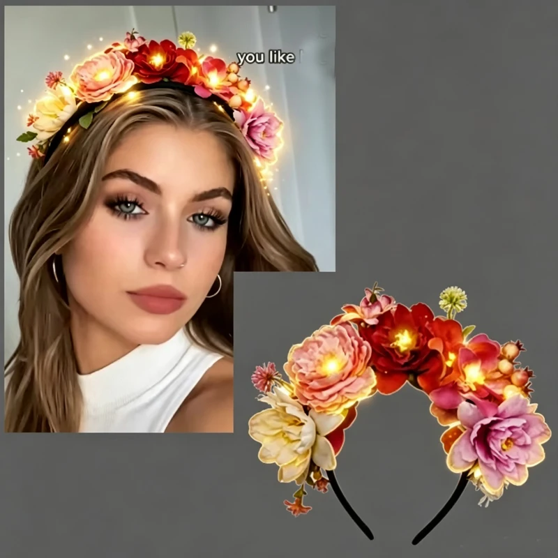 Light Up  Floral Halo Crown for Women Multicolor Vintage Peony Headpiece with Foliage LED Glowing  Floral Hair Hoop Headgear