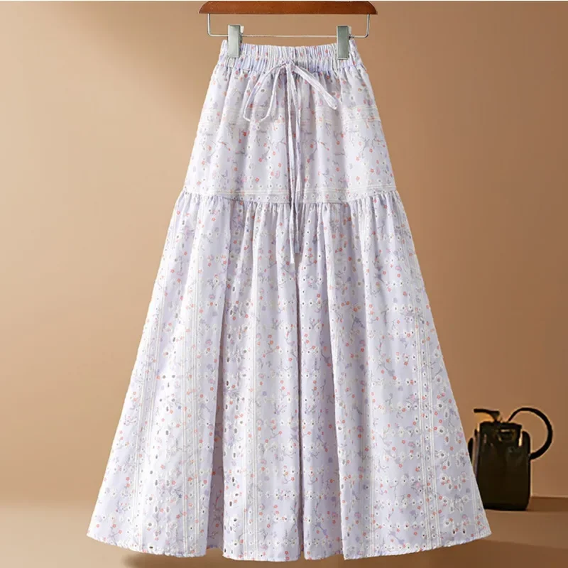 Lente Zomer Prairie Chic Borduren Bloemen Katoenen Rok Vrouwen Nieuwe Mooie Hoge Taille A-lijn Midi Lange Rokken
