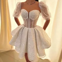 Aso Ebi White Lace Short Prom Dresses Shining Sequined Lace Black Girls Formal Party Dress Cute Women Birthday Dress Event Gown