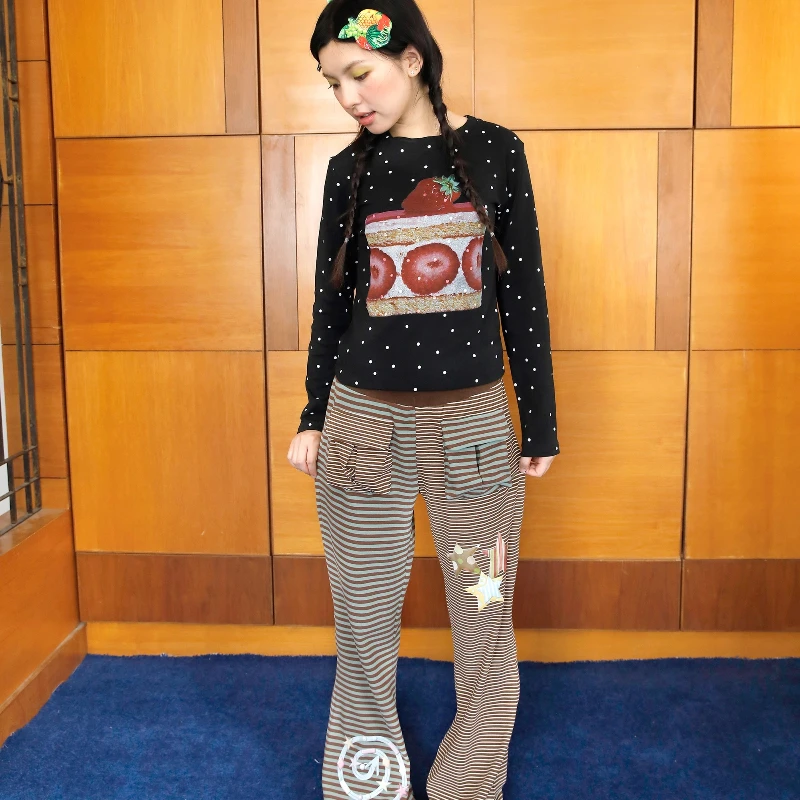 خريف جديد كعكة الفاكهة البولكا نقطة طباعة المرأة قاع قميص التصميم الياباني لطيف الحلو تنوعا طويلة الأكمام تي شيرت السيدات #3