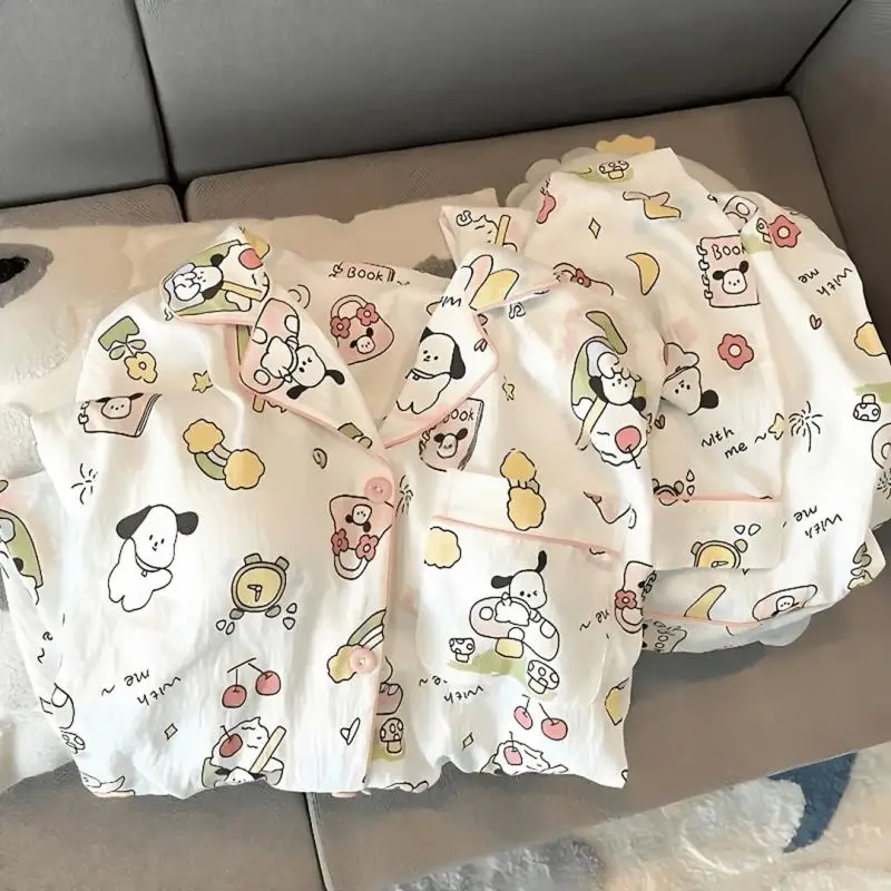 

Пижамы Sanrio, 2 шт., Pochacco, весенне-осенние пижамы с длинными рукавами для девочек, популярная тонкая свободная домашняя одежда с героями мультфильмов на весну и осень