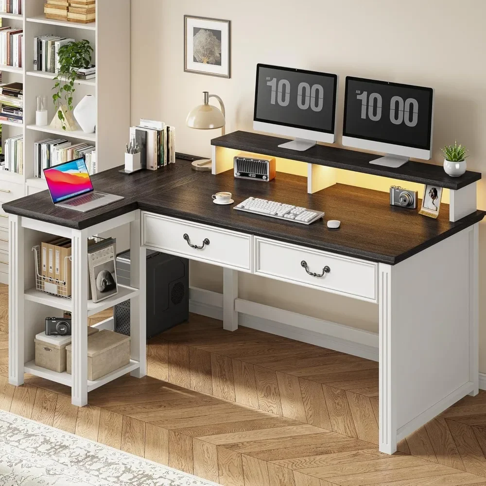 

55" Computer Desk, Office Desk with Drawers, L Shaped Desk with Long Monitor Stand, Farmhouse Desk with Power Outlets