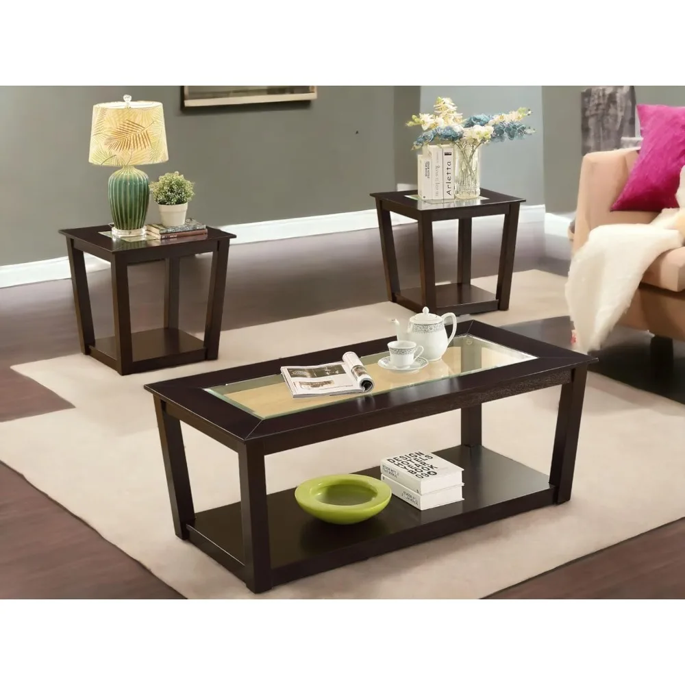 new Contemporary Rectangle 3-Piece Occasional Table Set Includes Glass Coffee Table and 2 End Tables (Style B)