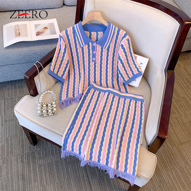 

Korean Women Casual Knitted Polo-neck Irregular Tassel Tshirt Top + Short Skirt Sets Summer Weave Striped 2 Piece Set Outfits