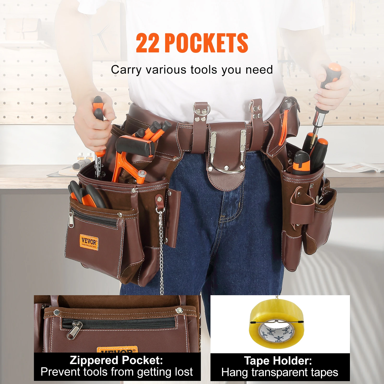 VEVOR 22 Pockets Tool Waist Belt Bag Adjust Detachable PU Tool Pouch Bag for Electrician Carpenter Handyman Woodworker