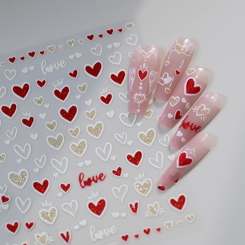 6 個 3D グリッター赤白ハートバレンタインデーネイルステッカーかわいい太陽/月/弓ネイルアートデカール 8*10 センチメートル粘着ネイルデコラ E # 5