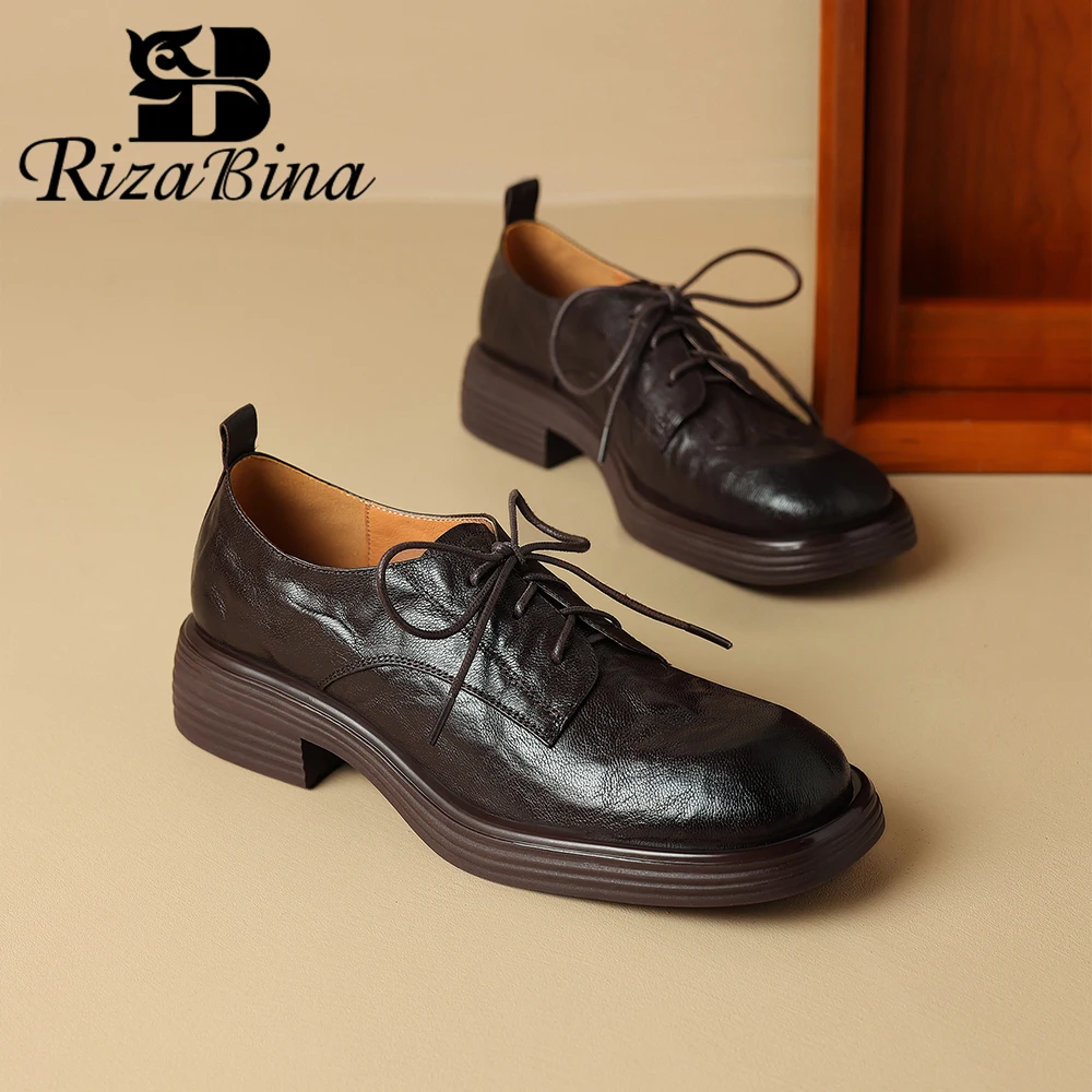 

RIZABINA Women Loafers Shoes Real Leather Round Toe Thick Heels Student Shoes Female Fashion Lace Up British Style Oxford Shoes