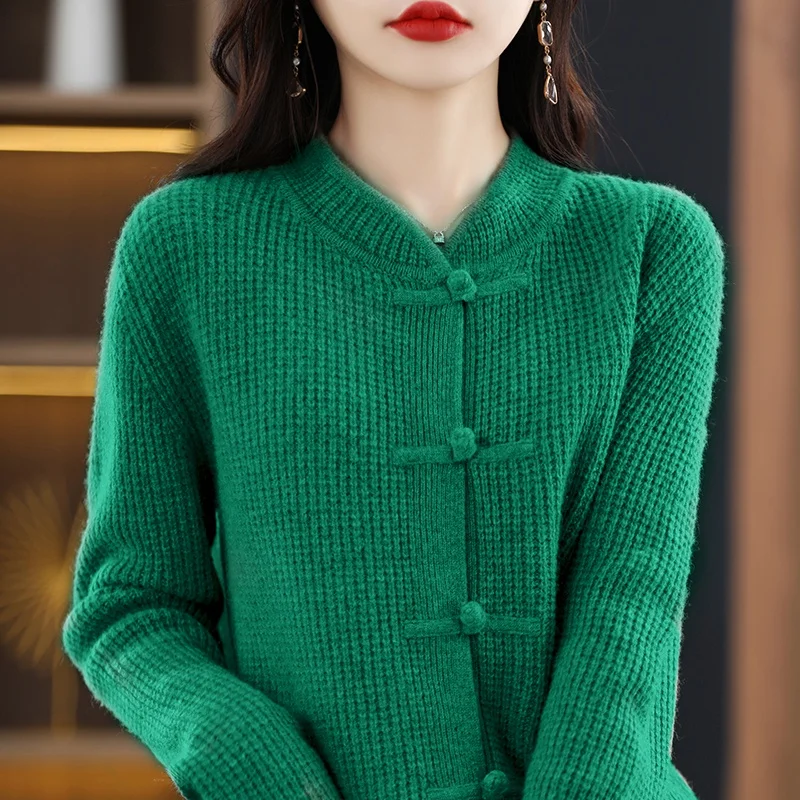 Chinese Cardigan 2023 Winter Women Clothing 100% Wool Knitwears Female High Quality Standard Woolen Tops