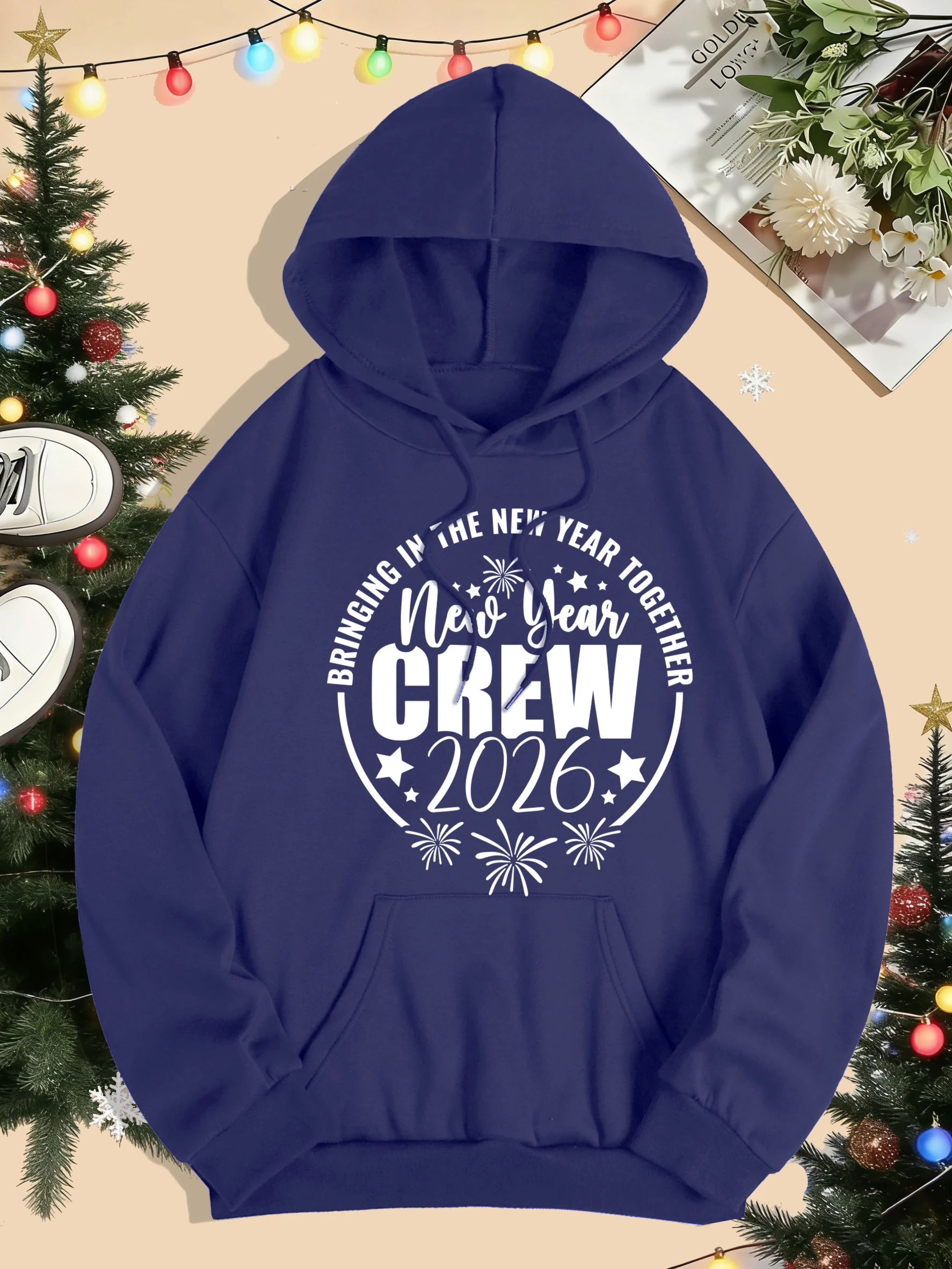 Felice Anno Nuovo Crew 2026 Design Donna Felpe con cappuccio Hip Hop Tasca con cappuccio All-Match Abbigliamento sportivo casual in pile Y2K Abbigliamento donna