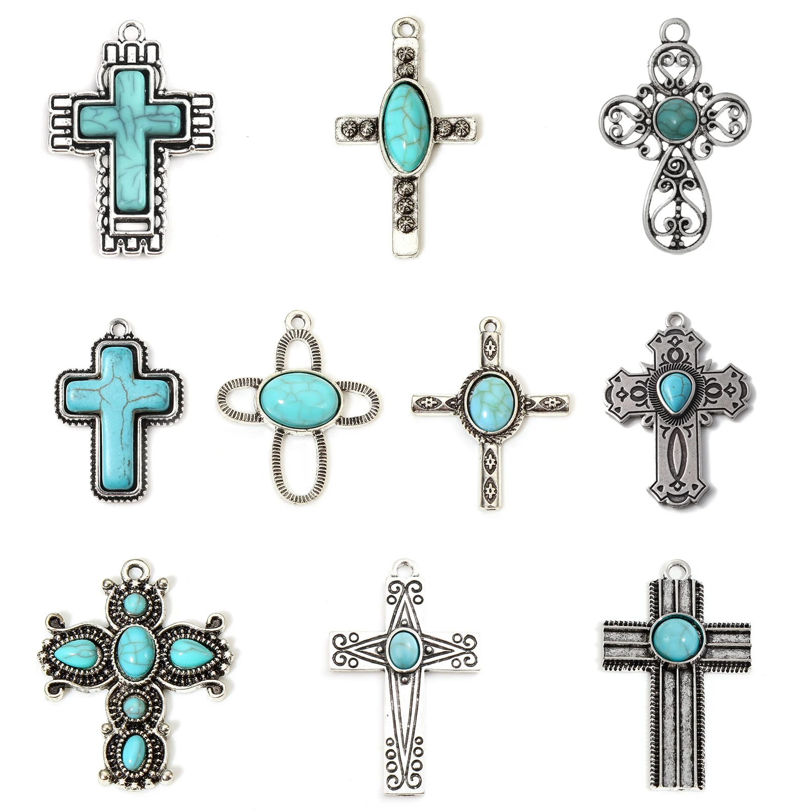 5pcs Bohemian Pendants Antique Silver Color Cross Resin Cabochons Imitation Turquoise Charms DIY Necklace Earrings Women Jewelry