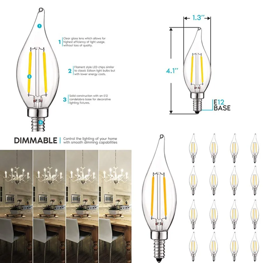 

4W Vintage Candelabra LED Bulbs Dimmable, 400 Lumens, 4000K Cool White, Chandelier Light Bulbs 40W Equivalent, Flame Clear Glas