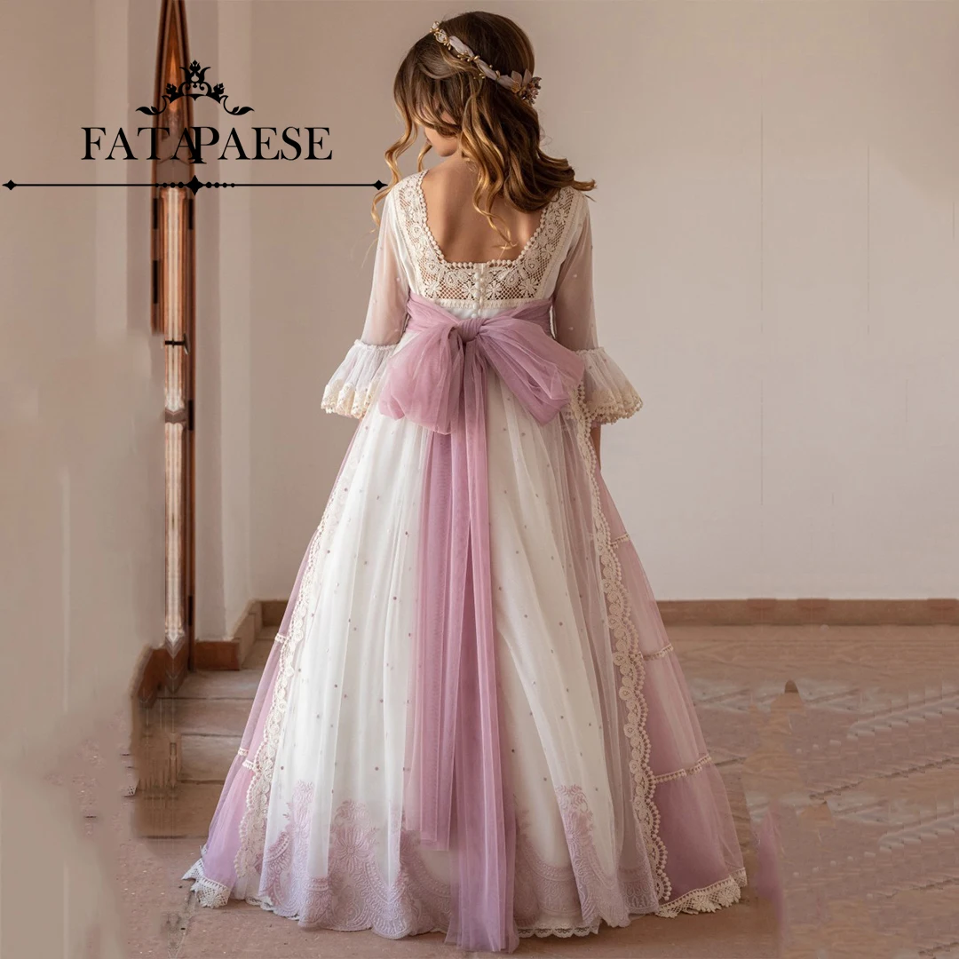 FATAPAESE Customized Fairy Flower Girl Dress Princess Lace Floral Ribbon Bow Belt Gown Bridemini Junior Bridesmaid Wedding Party