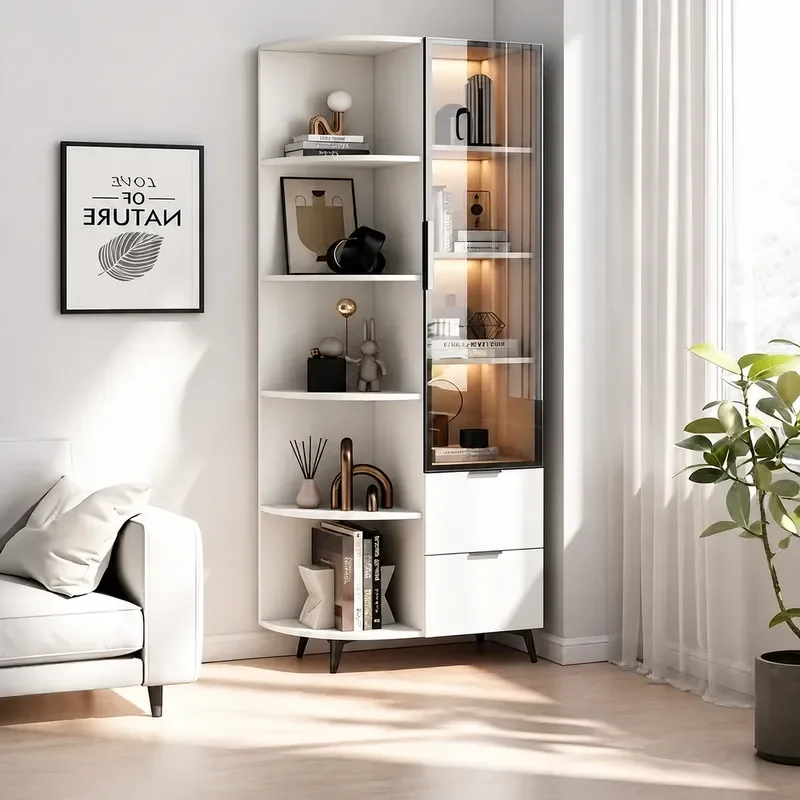 Solid Wood Corner Cabinet Living Room Floor Storage Bookshelf Small Apartment Space Saving Display Rack No Lamp Wooden