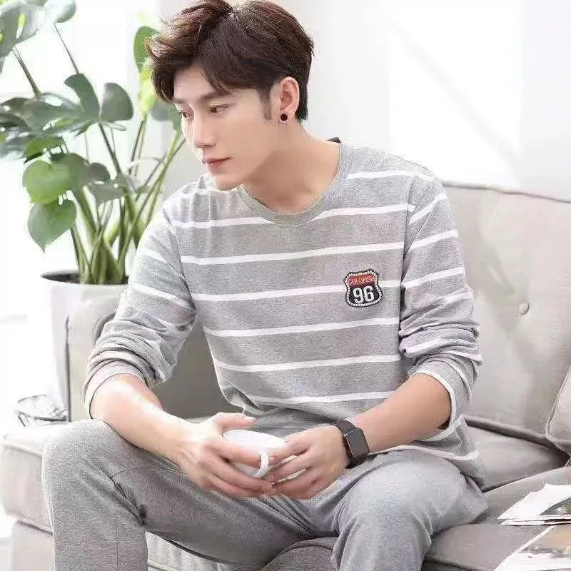 Men‘s Pajama Set Long Sleeve Black Striped Spring and Summer Youth Student Nightwear Loungewear Two Piece Set Sleepwear Homewear