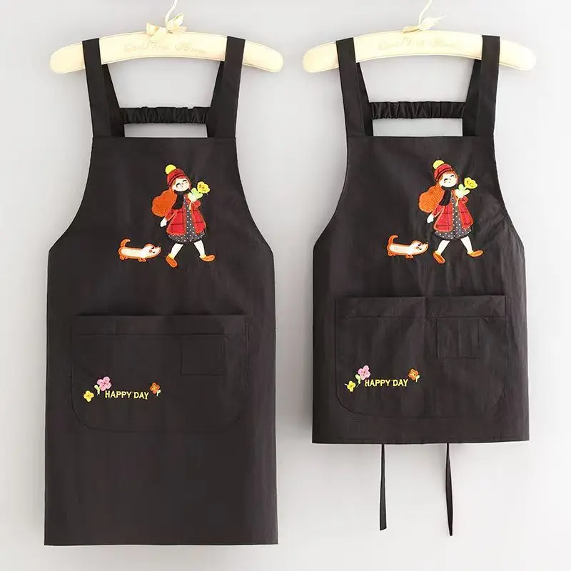 Cute Embroidery Strap Apron Waterproof Anti-fouling Nail Art Cafe Workwear Sleeveless Catering Waiter Work Clothes Home Kitchen