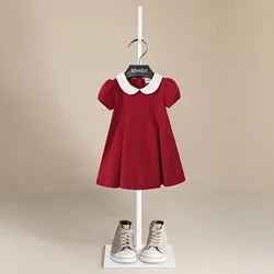 Kid Girl Dresses Red Button Design Short Sleeve Doll Collar  Kids Dress Round Breathable Slim Fit A-Line Dress Girls Clothes