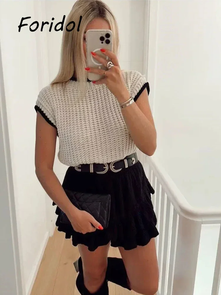 

Black Border White Sweater Vest O Neck Sleeveless Loose Pull Blanc Fashion Spring Autumn Knitted Pullover Mujer Chic Tops New