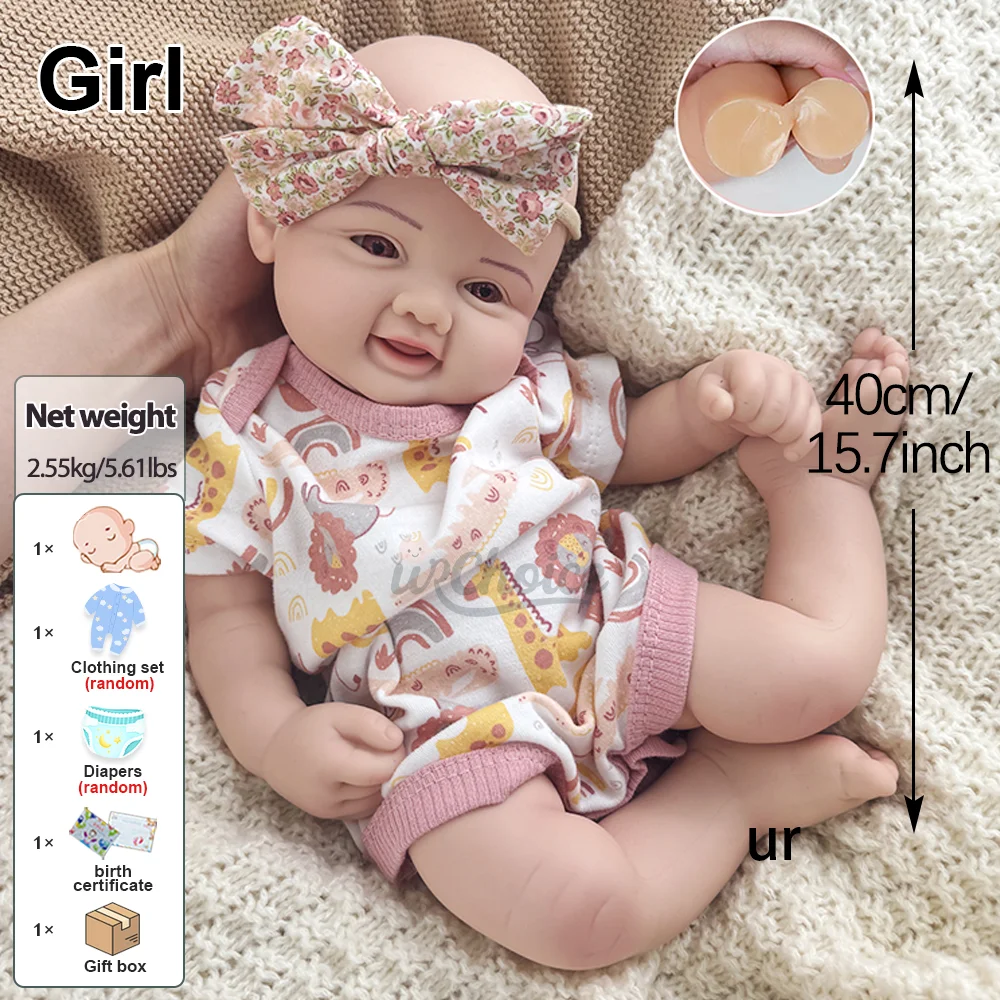 40cm Full Silicone Doll Angelic Grin Baby Girl with Pacifier Authentic Reborn Infants Doll for Depression & Loneliness Support
