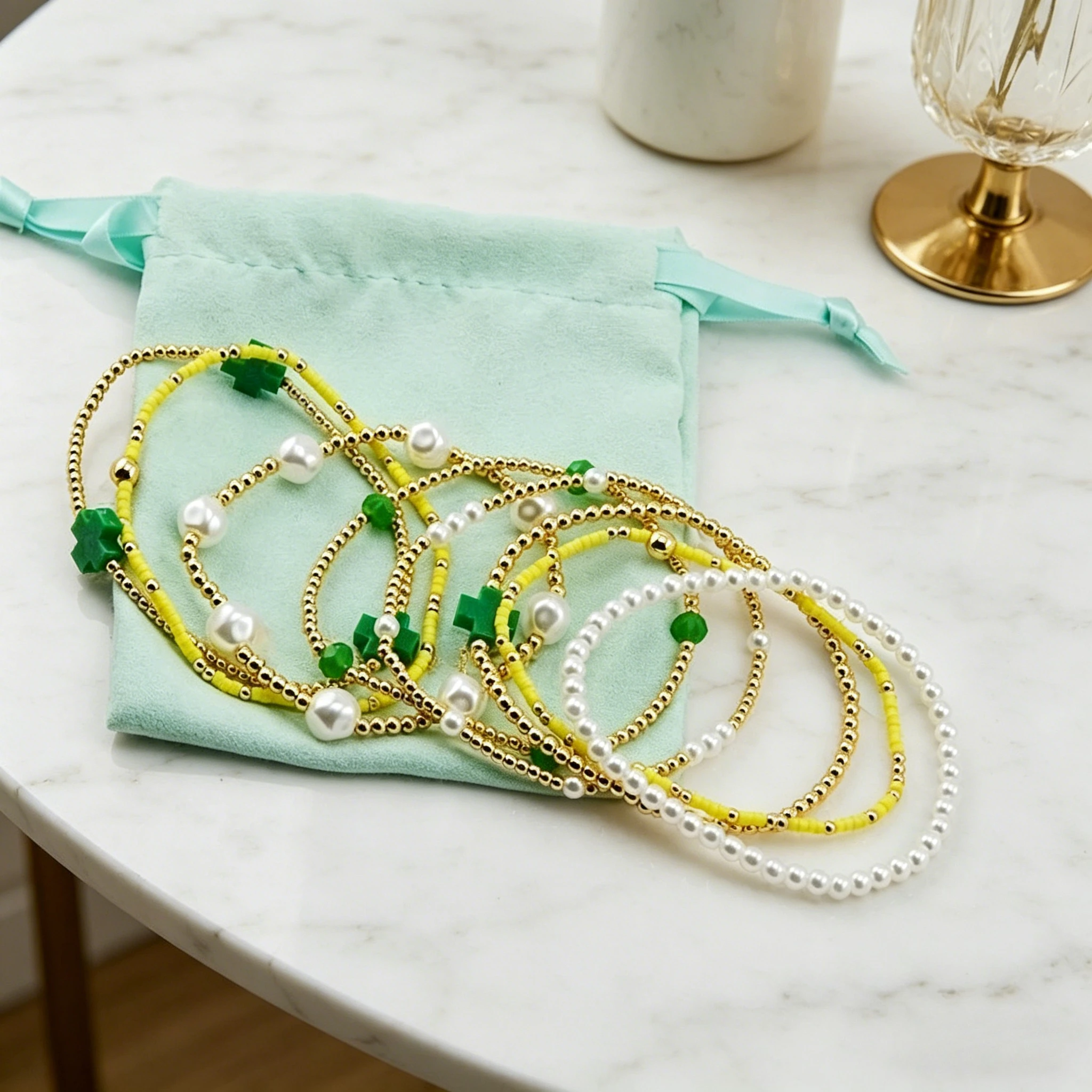 YEEVAA Green Cross&Pearl Stackable Stretch Bracelet Set, Gold Plated Yellow Beaded Layered Bracelets for Women Fashion Jewelry