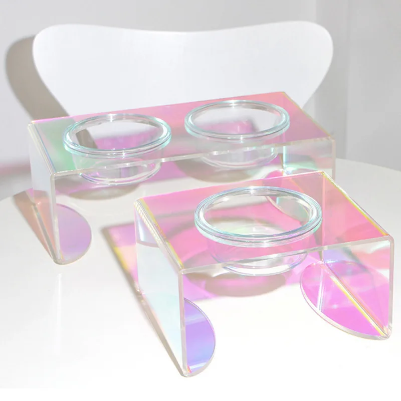 Acrylic Anti Spill Bowl for Cat and Dog, Double Plexiglass Bowls, Rainbow Food Bowl, Pet Bowl Holder, Dazzle Color