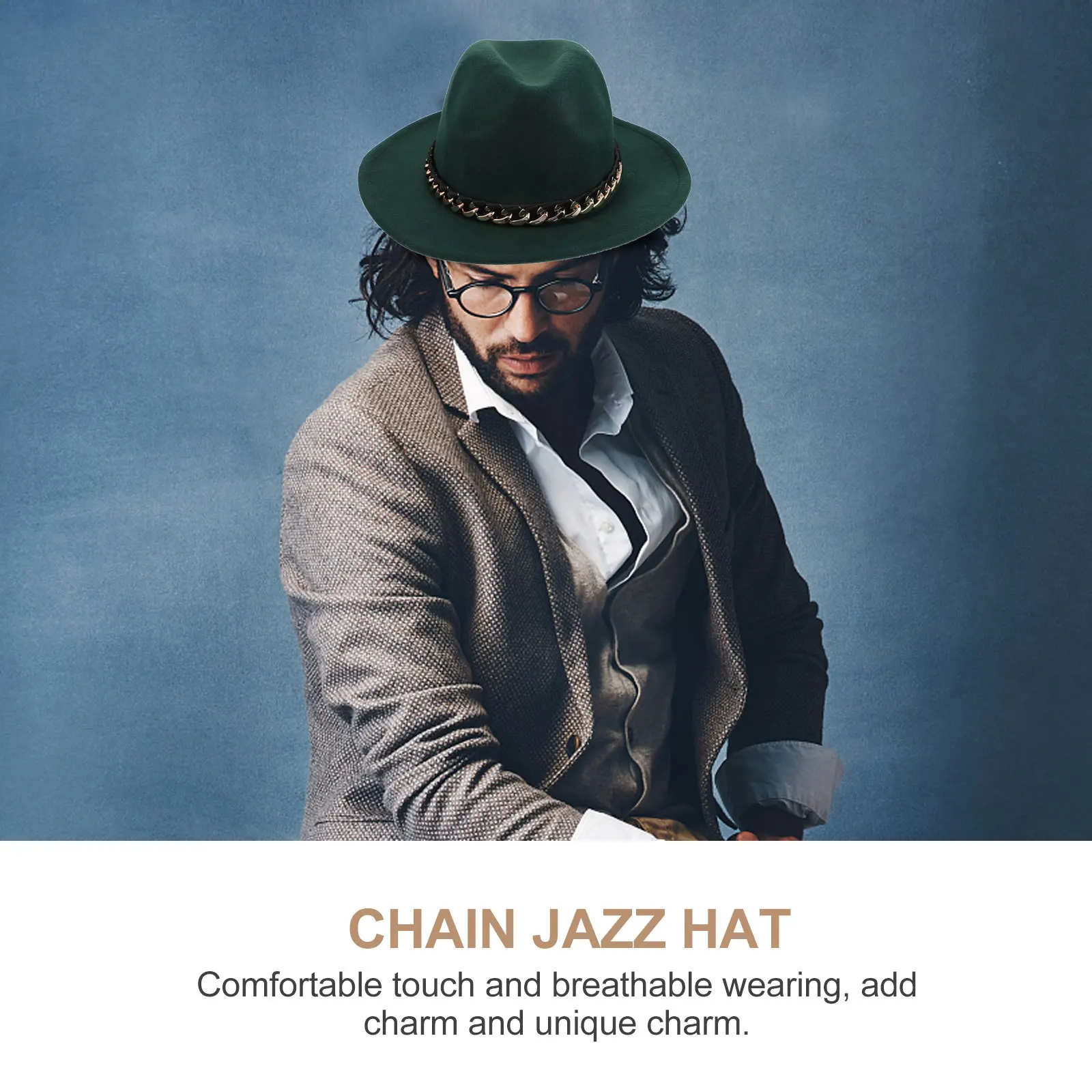 

1pc Flat Brim Woolen Hat Stylish Chain Fedora For Party Wedding Masquerade Ball Photography British Jazz Felt Hat