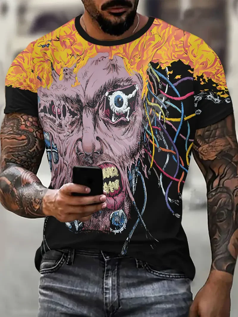 تي شيرت رجالي جديد ثلاثي الأبعاد بنمط وجه مطبوع كاجوال على طراز الشارع بأكمام قصيرة تي شيرت برقبة دائرية ملابس كبيرة الحجم #1