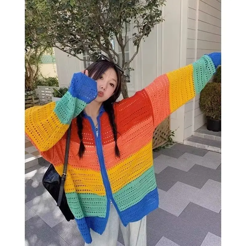 

Свитер осенней новой серии для пар, вязаный кардиган цвета дофамина, модная и многофункциональная куртка контрастного цвета, модная