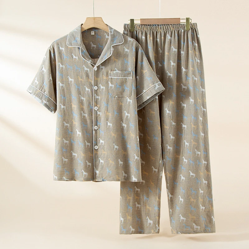 2-Piece Men's Pajama Set, Yarn-Dyed Jacquard Sleepwear, Cotton Gauze Short Sleeve & Long Pants, Breathable & Lightweight Relaxed