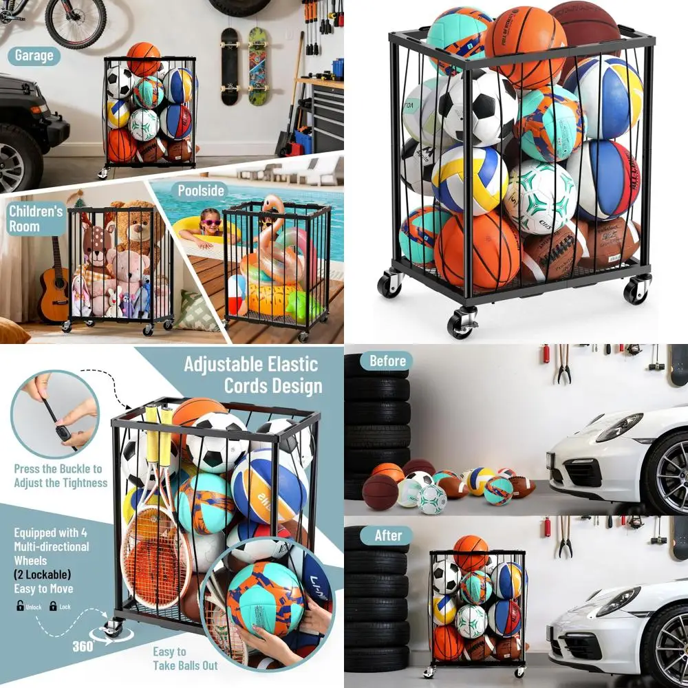 

TomCare Garage Ball Rolling Storage Rack Большой держатель для баскетбола с эластичной веревкой [удержись с 12-15 мячами [легко взять с собой] Гараж