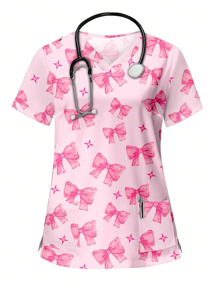 Femmes t-shirt amour imprimé avec poches col en v gommages uniformes toilettage pour animaux De compagnie infirmière Spa t-shirts De soins haut De Enfermeria Para Mujer