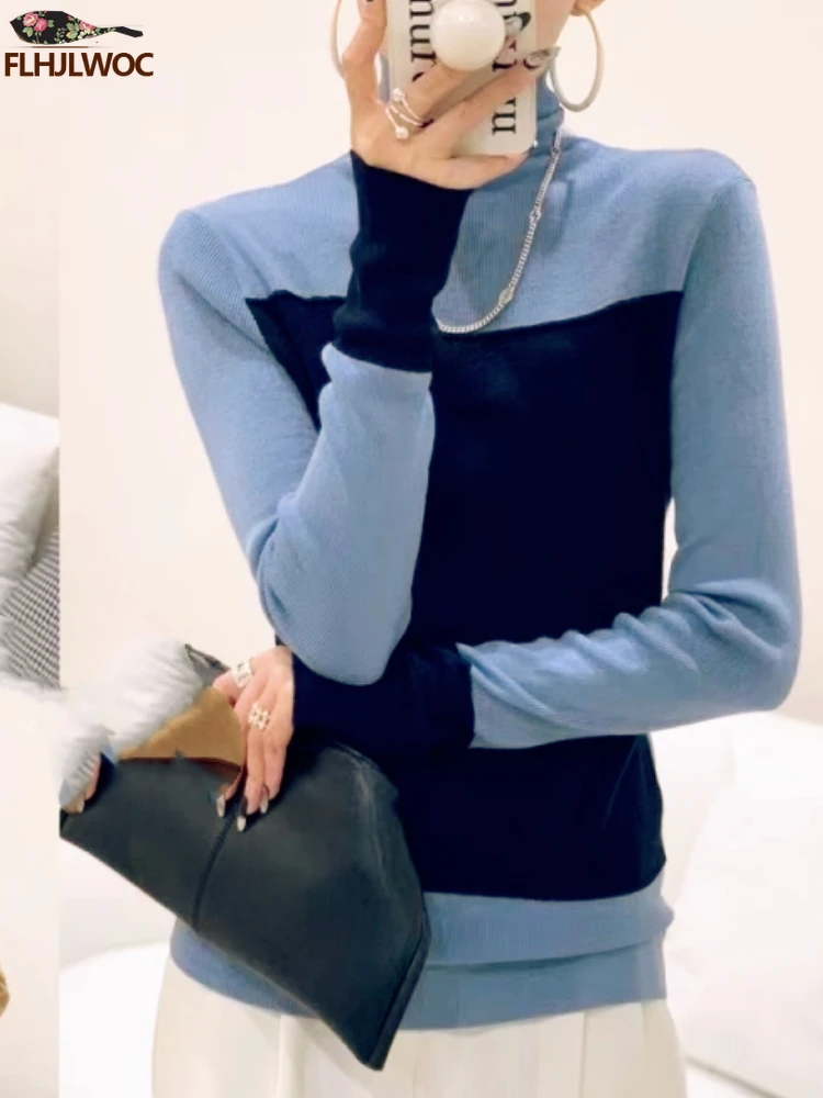 

Winter Turtleneck Tops Basic Shirts Patchwork Color Block Long Sleeve Casual Jumper Pullovers