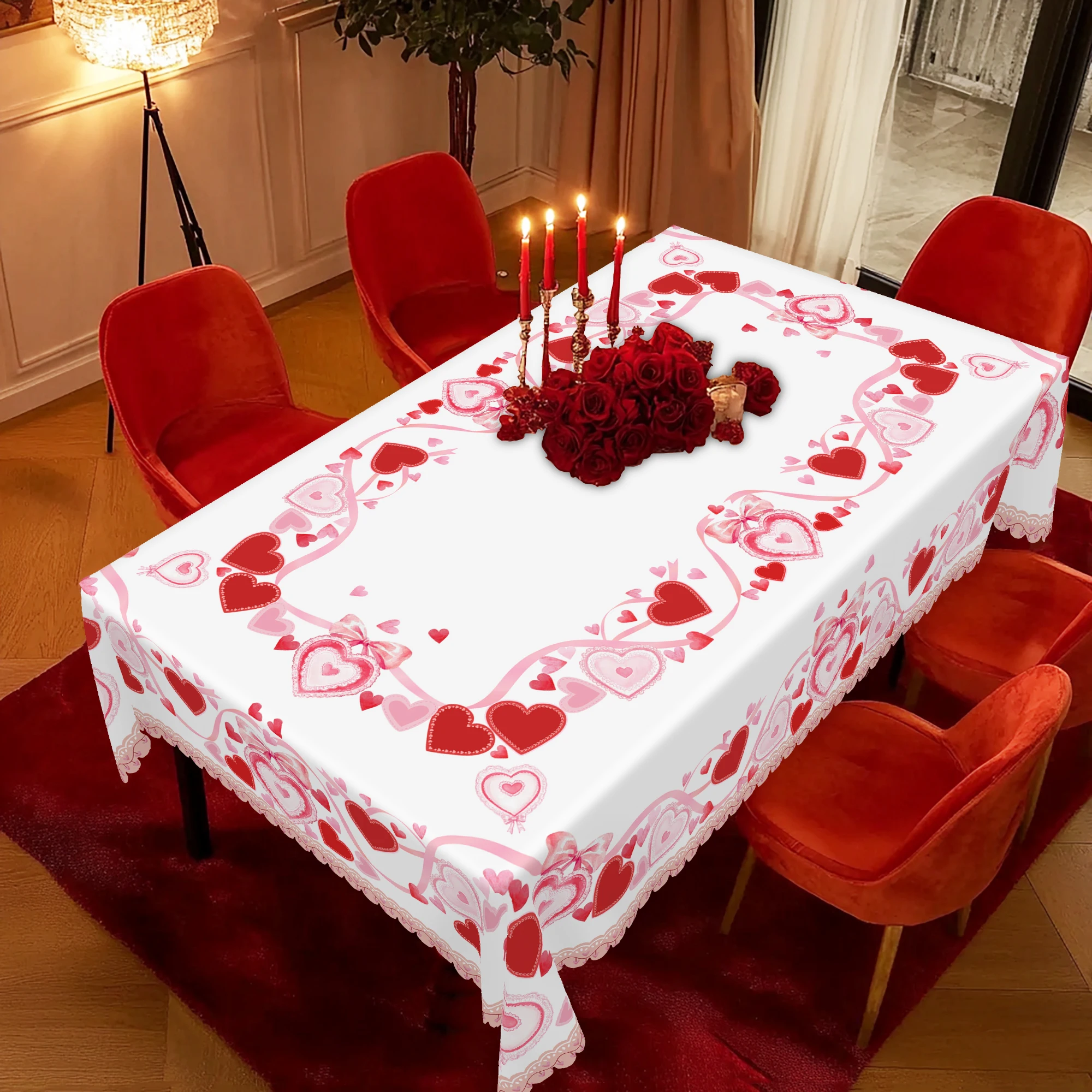 1 Piece Valentine\'s Day Round Tablecloth, 5 Sizes, Spring Romantic Heart-Shaped Printed Square Tablecloth, Edge Embossing Process, Wedding
