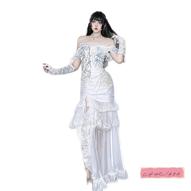 Otoño Invierno Y2K bordado multifuncional falda con abertura alta gótico Sexy chica caliente chaleco subcultura fuera del hombro bloque de Color Top