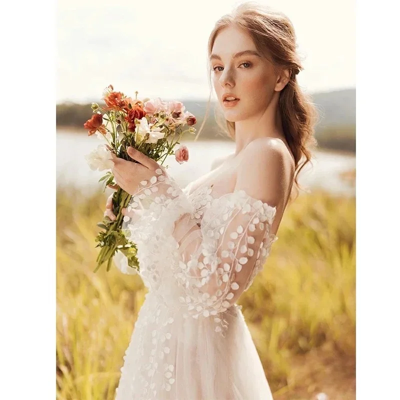 Customized Boho Wedding Dresses A-Line Princess Bridal Gowns Flower Appliques Off Shoulder Robes Women Pretty Vestidos De Novia