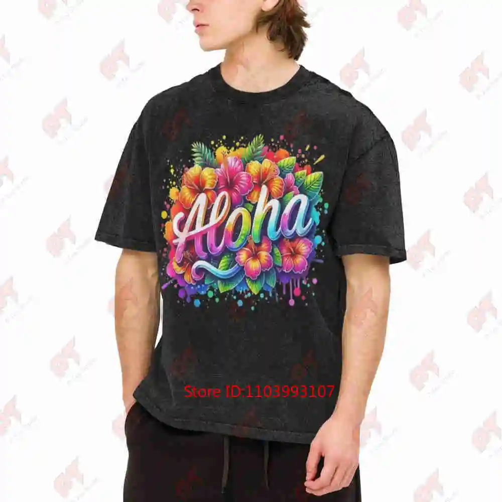 Hawaiian Aloha Hibiscus Tropical Luau Vintage Washed Tee Pure Cotton T-Shirt