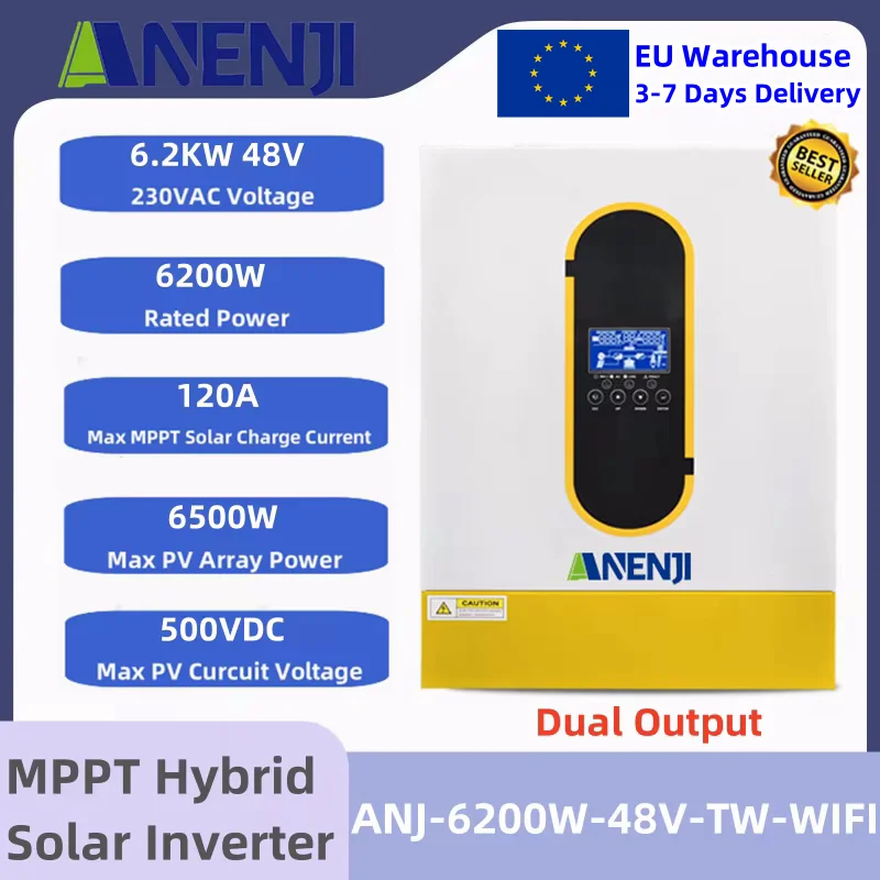 Hybrid Solar Inverter 6.2KW Off grid/On Grid 48V Dual AC 230V Output MPPT 120A Max Solar Panel 500VDC Input For Lifepo4 Battery