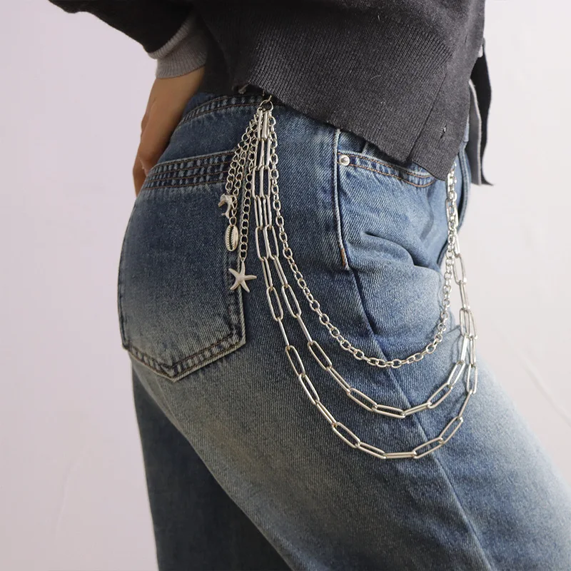 Multi‑Layer Ocean Element Starfish Shell Shark Pants Chain Unisex Metal Waist Chain Vintage Jeans Hanging Fashion Accessory